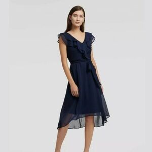 DKNY Ruffle V-Neck Midi Flutter Sleeve Chiffon Dress Midnight Navy Blue - Size 0